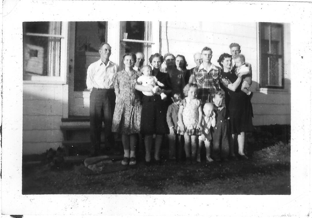 Photograph (69)
1945, DeForest, Wis.  Frances and Al with Elaine, Freddy; Frank and Irene with Richard and Jerry; Bertha and Webster, Alice with Matthew, Michael; Dorothy, Dick, Lester.  Last photo ever taken of Bertha.  Picture taken at Frances and Al's home.
